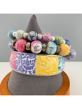 Viva Beads Colorful Polymer Clay Stretch Bracelet Hinged Bangle Set Multicolor
